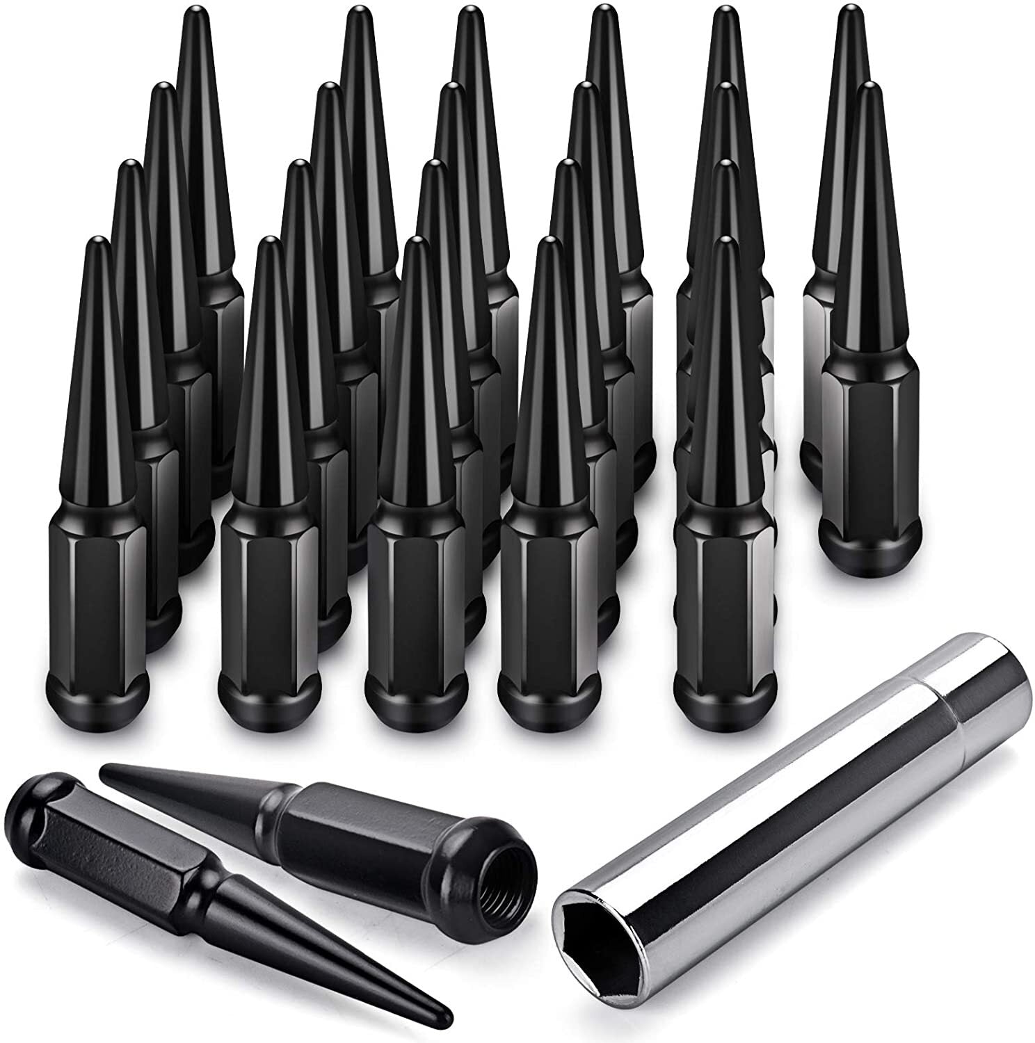 25 Black Spike Lug Nuts 7/16-20 Fits Firebird GTO Cutlass + Security Key
