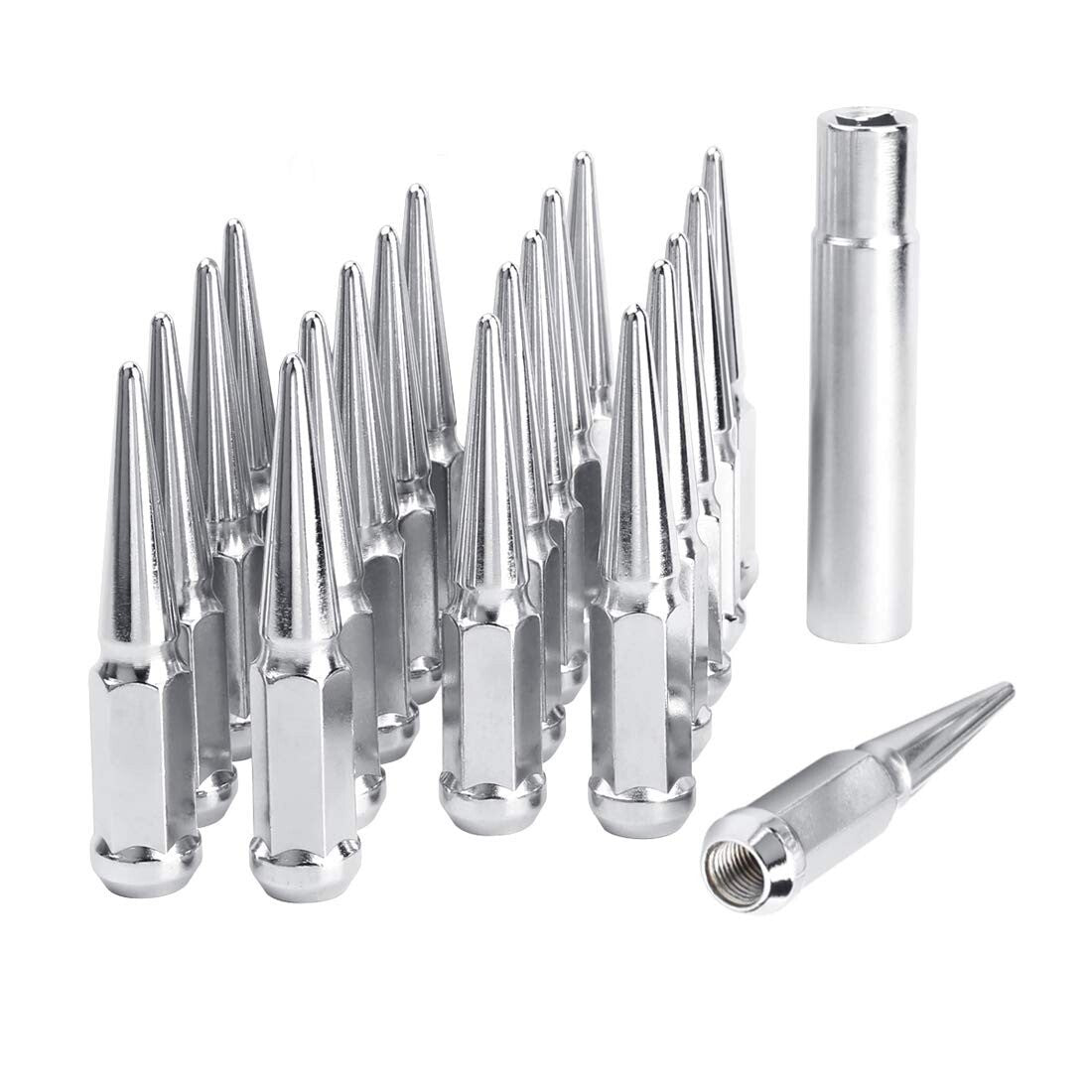 20x Chrome Spike Lug Nuts 12x1.5 Spiked Wheel Nut Solid Single Piece Style + Key