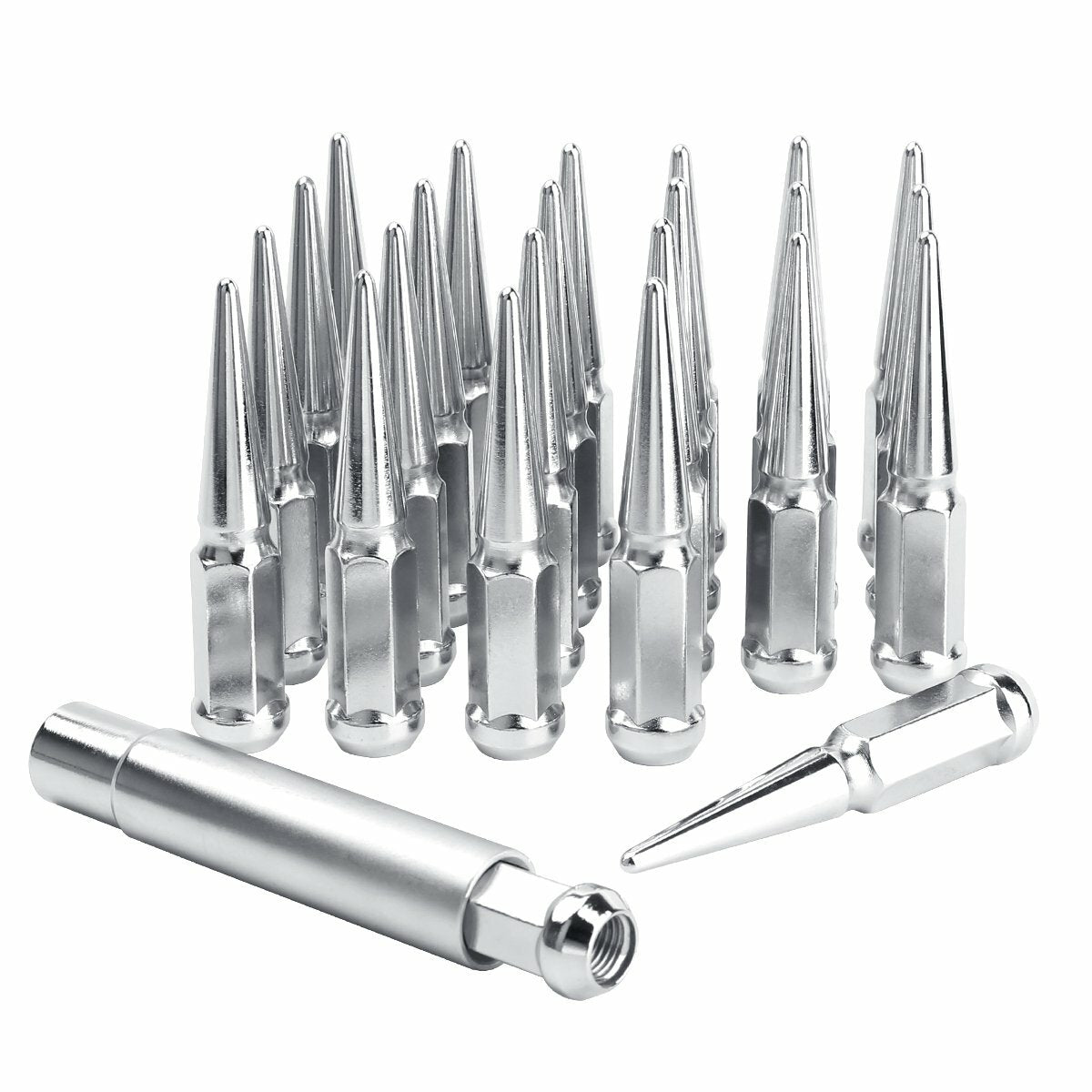 24x Chevy 4.5'' Tall Chrome 14x1.5 Wheel Spike Lug Nuts + Key Chevrolet GMC