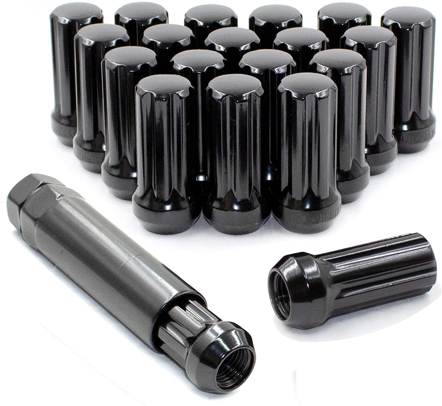 24 Black 14x1.5 Spline Lug Nuts 2" For Chevy GMC Silverado Sierra 1500 + Key