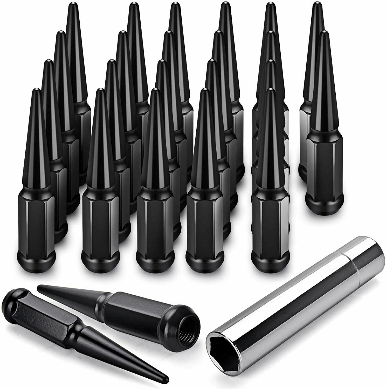24x Black Spike Lug Nuts 7/16-20 Chevy GMC K10 Jeep Cherokee + Key 7/16th | 7/16