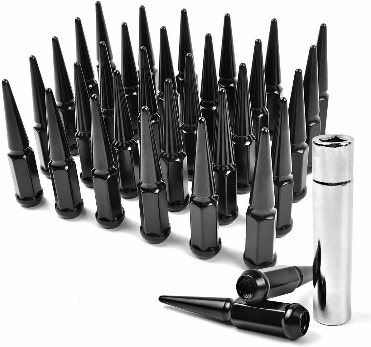 32x Black Spike Lug Nuts 9/16 Ford Super Duty F-250 F-350 Dodge RAM 9/16th + Key