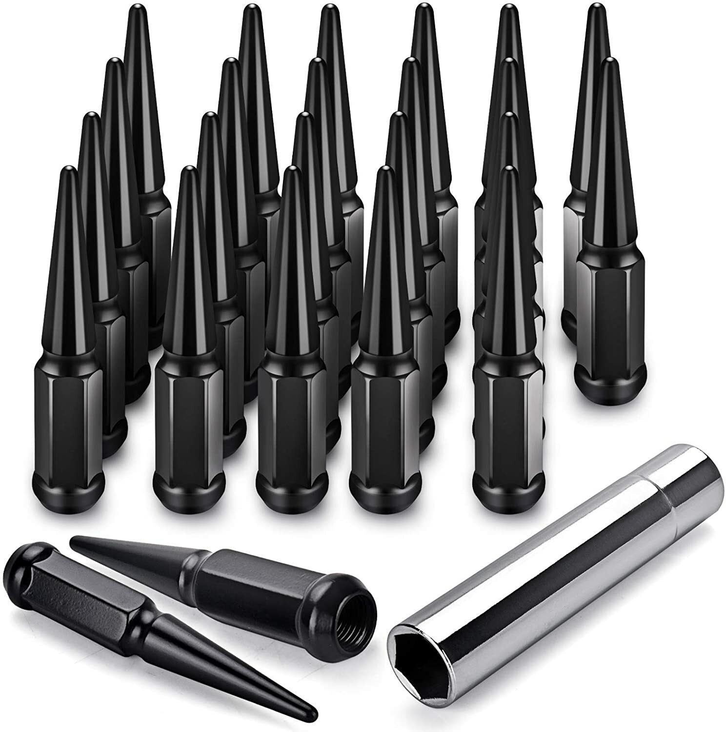 24x Chevy 4.5'' Tall Black 14x1.5 Wheel Spike Lug Nuts + Key Fits Chevy Models