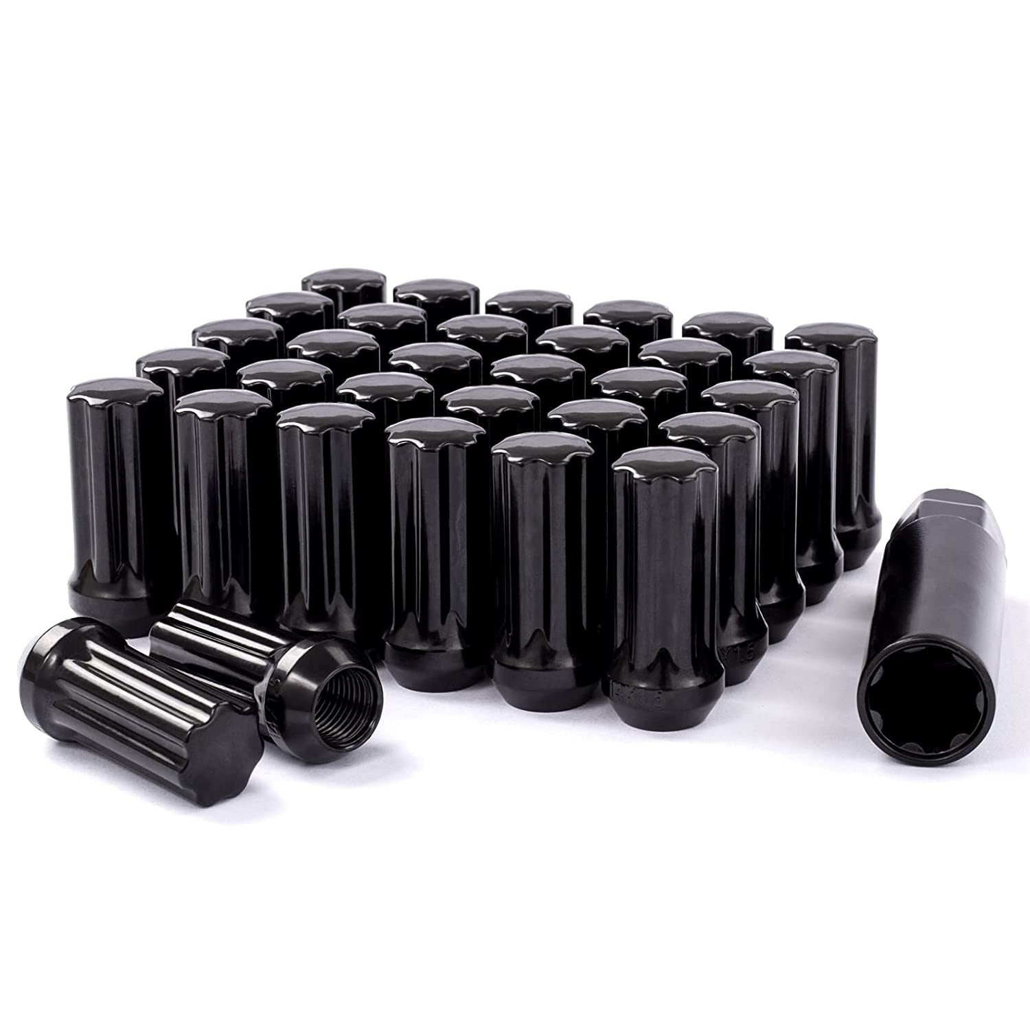32x Black Spline Lug Nuts 2" Inch Tall 1/2x20 Fits Dodge Ford Ram 7 Spline +Key